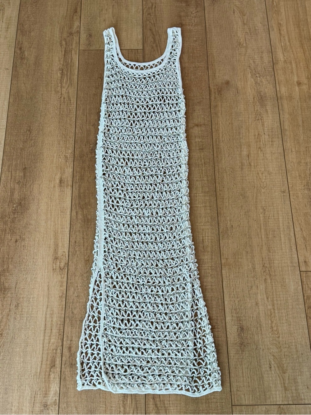 Y2K Cream Crochet Silver Beaded Maxi Cover Up Dress Ibiza Festival Mesh XS/S